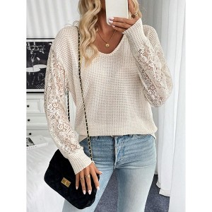 Women's Blouse V-Neck Lace Sleeve Top Loose Fit Crochet Sweater Sheer Floral Lace Sleeve Outfits - 1 of 4