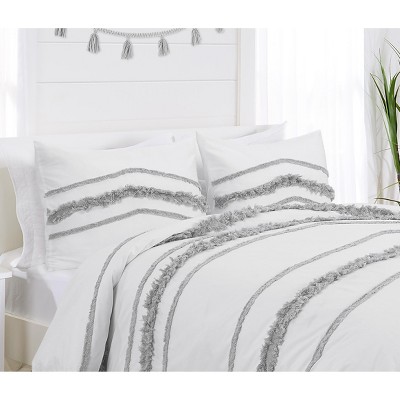 White and Gray Cotton Standard/Queen Boho Fringe Pillow Shams
