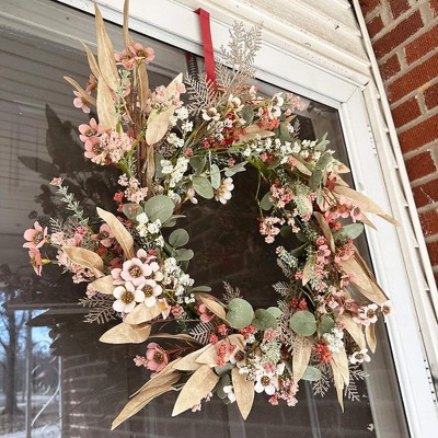 24-Inch Multicolor Artificial Eucalyptus and Rust Flower Spring Wreath