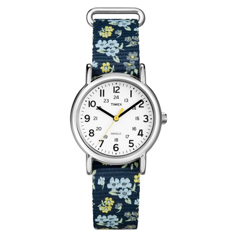 Timex Weekender Slip Thru Floral Nylon Strap Watch - Blue T2p370jt : Target