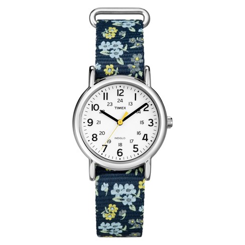 Timex Weekender Slip Thru Floral Nylon Strap Watch Blue T2p370jt