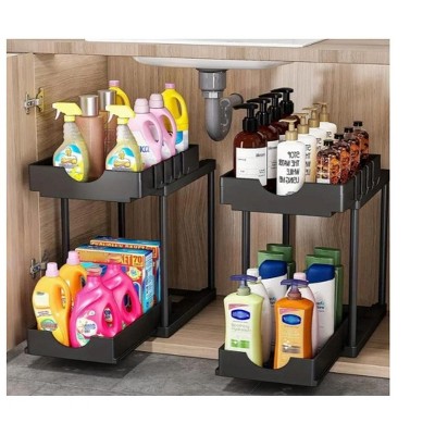 MPM 2 Pack Under Sink Shelf, Kitchen Organizers, 2 Tier Bathroom Cabinet Drawer, Multi-purpose Storage with 4 Hooks