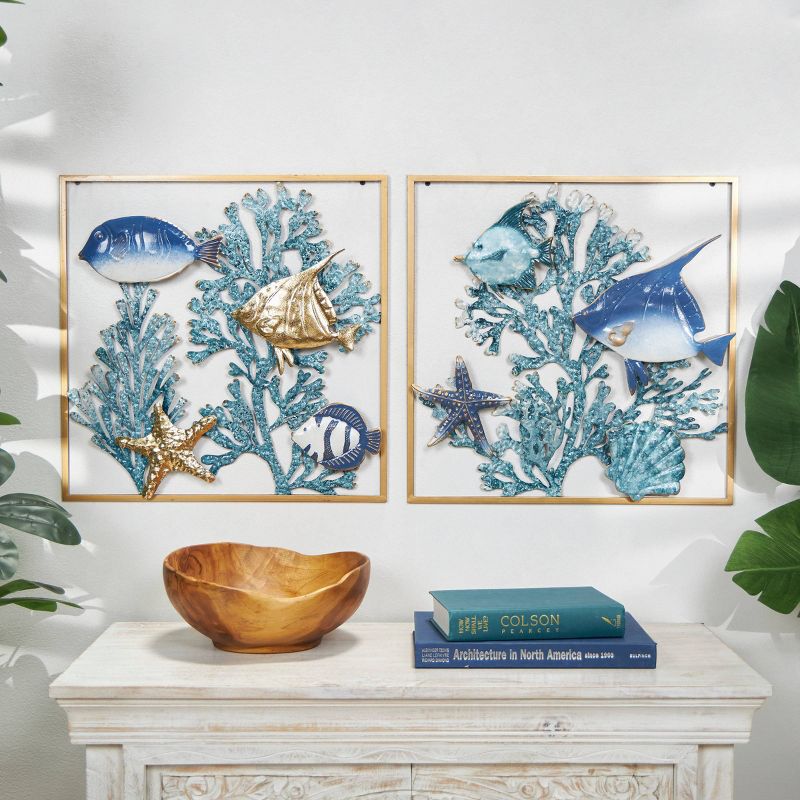Set of 2 Metal Fish Wall Decors with Gold Frame and Coral Background Blue - Olivia &#38; May, 2 of 4