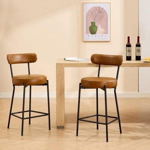 27" Boucle Bar Stools Set of 2, Modern Upholstered Counter Height Bar Chairs with Backrest, Metal Frame Kitchen Island Chairs, Brown - 1 of 4