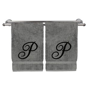 BC BARE COTTON Monogrammed Hand Towel, 100% Turkish Cotton - Set of 2 - Gray - Black Script - 1 of 1
