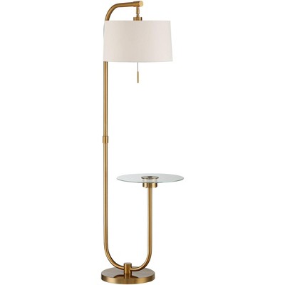 Brass Arc Floor Lamps with White Linen Shades and Glass Tray Tables