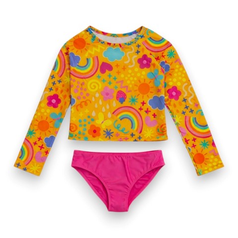 YMI Big Girls' 2-Piece Rashguard & Bikini Swim Set, Orange/Summer Fun Print, 7/8