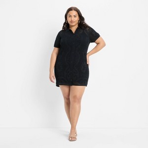 Women's Short Sleeve Mesh Button-Up Mini Sweater Dress - Future Collective - 1 of 3