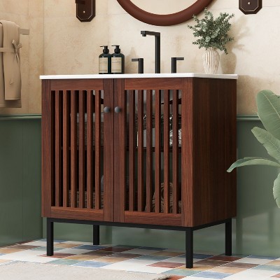 TUYOHW Vintage Bathroom Vanity with Ceramic Sink, Modern Bathroom Vanity Cabinet with 2 Soft-Close Doors and Large Storage Space