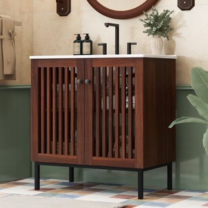 TUYOHW Vintage Bathroom Vanity with Ceramic Sink, Modern Bathroom Vanity Cabinet with 2 Soft-Close Doors and Large Storage Space - 1 of 4