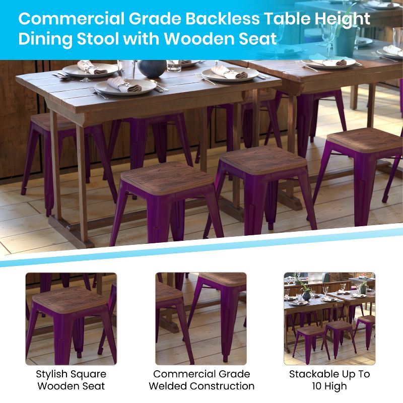 Flash Furniture 18" Backless Table Height Stool with Wooden Seat, Stackable Metal Indoor Dining Stool, Commercial Grade - Set of 4, 5 of 11