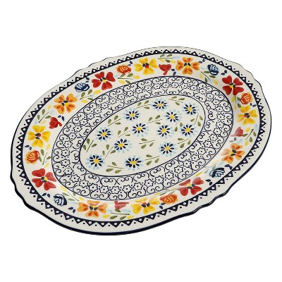 Gibson Elite 98760.01R Hand-Painted 14-Inch Dishwasher and Microwave Safe Old European Style Serving Platter, Blue and Cream Floral Design