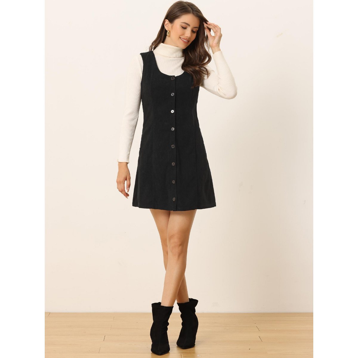 Женские платья INSPIRE CHIC Women's Corduroy Button Down Scoop Neck Pockets Casual Pinafore Overall Dress Black Medium — фото 4