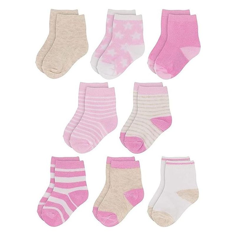 Rising Star Infant Socks for Baby Girls, Crew Ankle Cotton Infant Socks 0-12 months- 8 pack (Pink Patterns), 1 of 3
