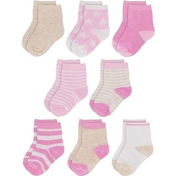 Rising Star Infant Socks for Baby Girls, Crew Ankle Cotton Infant Socks 0-12 months- 8 pack (Pink Patterns)