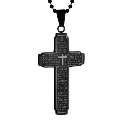 West Coast Jewelry Men's Lord's Prayer Cross Black Plated Steel Necklace