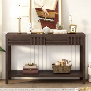 Rectangular Console Table with 2 Storage Drawers,MDF Entryway Table with Ash Veneer,Bottom Open Shelf Organizer for Living Room-Coolbibila - 1 of 4