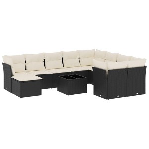 vidaXL Patio Sofa Set with Cushions Outdoor Furniture 11 Piece Poly Rattan - Black and Cream - 1 of 4
