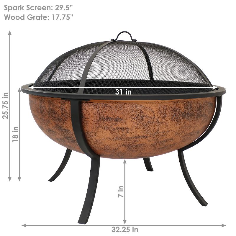 Sunnydaze Outdoor Portable Camping or Backyard Large Round Fire Pit Bowl with Spark Screen, Wood Grate, and Log Poker - 32" - Copper Finish, 4 of 13