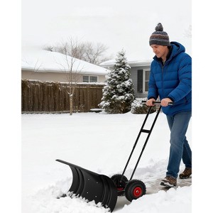 Heavy-Duty Steel Snow Pusher with Wheels, Adjustable Blade & Height Handle, Back-Saving Driveway Snow Plow for Efficient Removal - 1 of 4