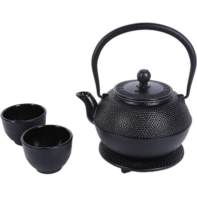 Juvale Black Cast Iron Teapot Tea Kettle Set with 2 Cups, Contemporary Trivet Dutch Hobnail, 1200 mL