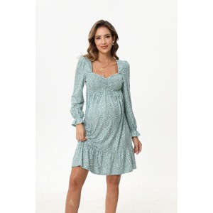 A heart-shaped collar long sleeved printed short maternity dress with leopard print green flower (print) Leopard green print_S - 1 of 4