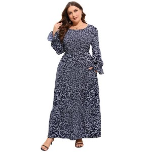 Whizmax Womens Plus Size Round Neck Long Sleeve Empire Waist Pleated Hem Boho Maxi Dress With Pockets Navy Blue 2XL - 1 of 4