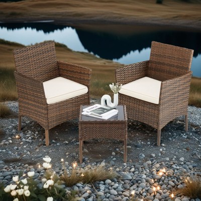 INFURNIC Patio Dining Sets Set 3 Pieces Patio Furniture, Outdoor with Glass Table, Wicker Rattan Patio Chair for Garden, Terrace, Brown, 23"*22"*31.4"