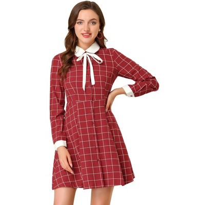 Allegra K Women's Peter Pan Collar Long Sleeve Plaid Shirt Dress