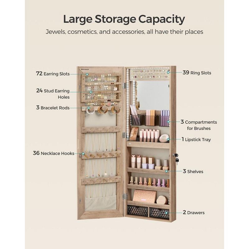 SONGMICS Jewelry Storage Cabinet Jewelry Armoire Organizer with LED Lights Wall-Mounted with Full-Length Frameless Mirror, 5 of 10