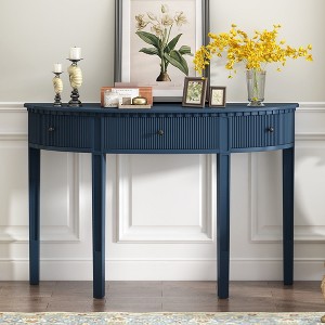 Distinctive Features of Pine Veneer Console Table with Vertical Stripe Drawer Fronts and Four Legs - 1 of 4