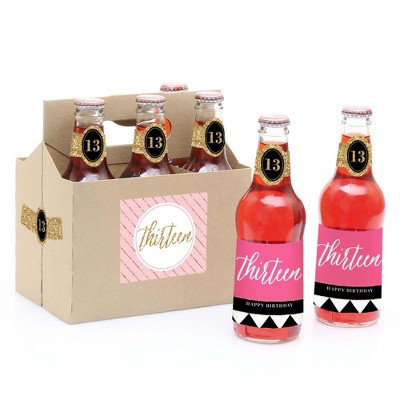 Big Dot of Happiness Chic 13th Birthday - Pink, Black and Gold - 6 Soda Bottle Labels with 1 Soda Carrier