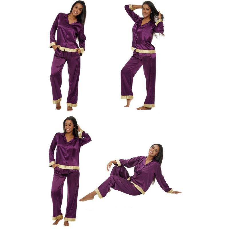 Women's Classic Satin Pajamas Lounge Set, Long Sleeve Top and Pants with Pockets, Silk like PJs, 3 of 4