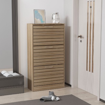 Brown Wood Grain 3-Tier Shoe Storage Rack with Metal Handles