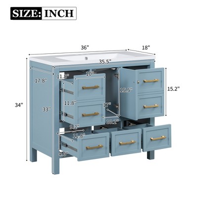 36'' Blue Freestanding Bathroom Vanity with Resin Sink and Drawers