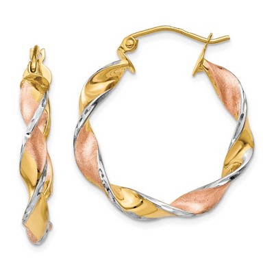 Black Bow Jewelry Tri-Color Twisted Round Hoops in 14k Yellow Gold, 25mm (1 Inch)