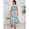 YESFASHION Women Plus Size Maxi Dress Floral Casual Dress Short Sleeve Long Dress Ruffle Pleated High Waist Square Neck Summer Dress - 4 of 4