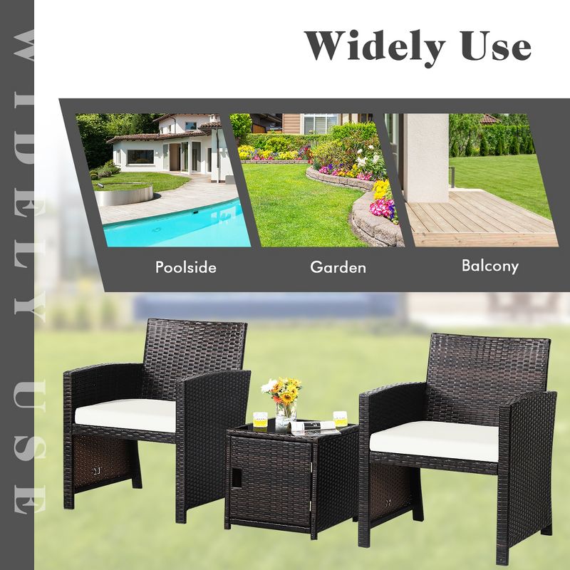 Costway 3PCS Patio Wicker Furniture Set Storage Table W/Protect Cover Cushioned, 5 of 11