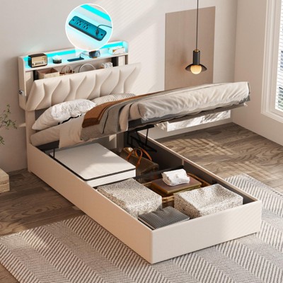 Lift Up Storage Bed Frame, Height Adjustable Storage Headboard with Charging Station