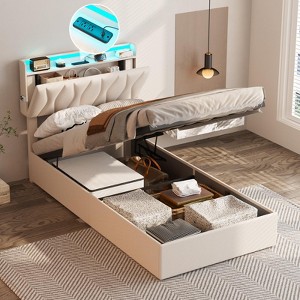 Lift Up Storage Bed Frame, Height Adjustable Storage Headboard with Charging Station - 1 of 4