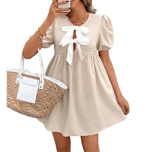 Women's Round Neck Short Sleeve Front Bow Babydoll Midi Dress - 1 of 4