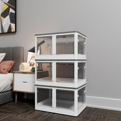 Modern Sideboard Decorative Storage Cabinet, 3-Pack Transparent Stackable Storage Bins with 5 Doors and Wheels, Folding Plastic Craft Container, White