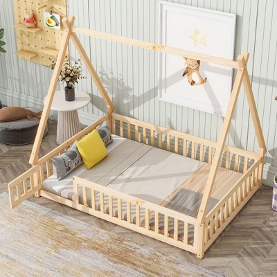 NicBex Full Size Wood Montessori Bed with Safety Guardrails,Tent-Shaped Floor Bed with Door and Slats,Modern Toddler Bed for Bedroom