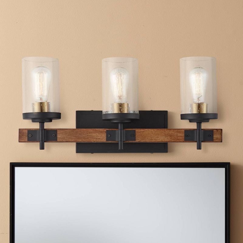 Possini Euro Design Kata Farmhouse Rustic Wall Light Black Faux Wood Hardwire 22" 3-Light Fixture Clear Seeded Cylinder Glass for Bedroom Bathroom, 2 of 10