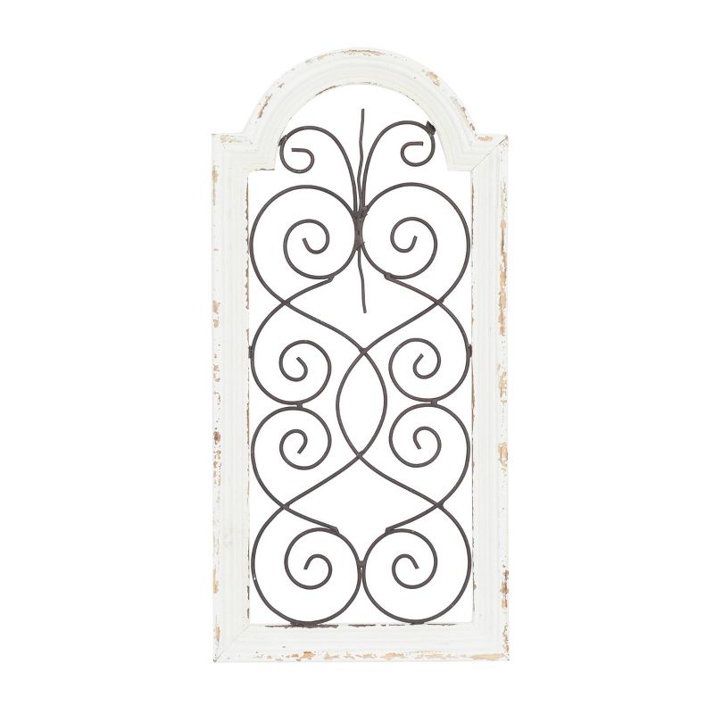 Vintage Wood Scroll Arched Window Inspired Wall Decor with Metal Scrollwork Relief White - Olivia &#38; May, 1 of 13