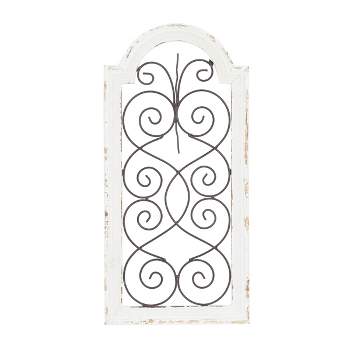 Vintage Wood Scroll Arched Window Inspired Wall Decor with Metal Scrollwork Relief White - Olivia & May