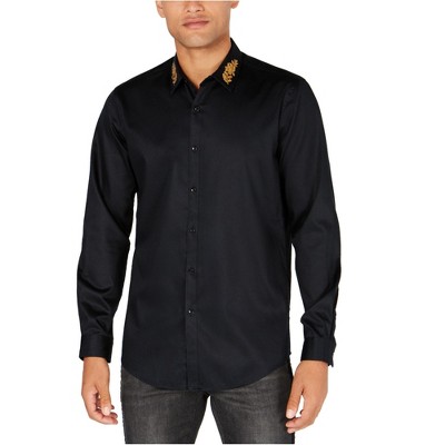 I-N-C Mens Sequined Flower Button Up Shirt, Black, X-Large