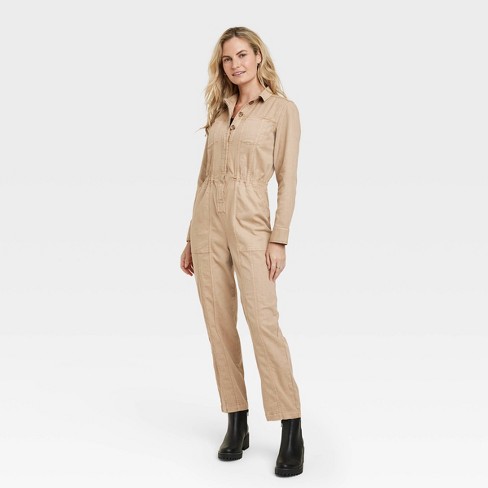 Women's Long Sleeve Button-front Coveralls - Universal Thread™ Tan 16 :  Target
