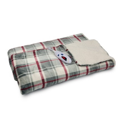 62" x 50" Velour & Sherpa Electric Throw Blanket Gray/Cream Plaid - Biddeford Blankets