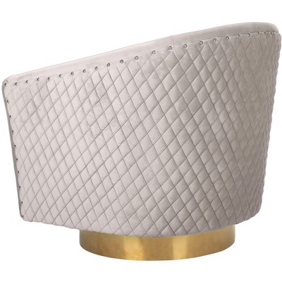 Transitional Pale Taupe Velvet Swivel Barrel Chair with Gold Legs